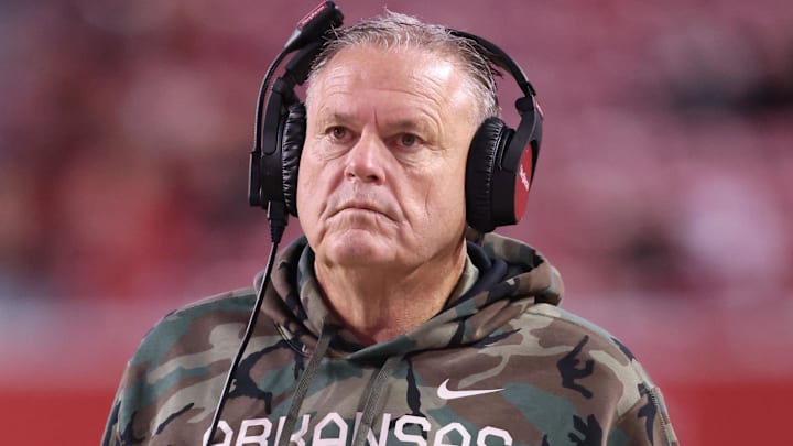 Nov 23, 2024; Fayetteville, Arkansas, USA; Arkansas Razorbacks head coach Sam Pittman during the fourth quarter against the Louisiana Tech Bulldogs at Donald W. Reynolds Razorback Stadium. Arkansas won 35-14. Mandatory Credit: Nelson Chenault-Imagn Images
