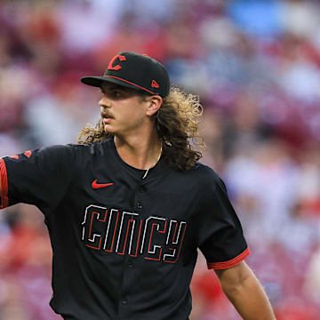 Aug 30, 2024; Cincinnati, Ohio, USA; Cincinnati Reds starting pitcher Rhett Lowder (81) reacts after a play in the third inning against the Milwaukee Brewers at Great American Ball Park. Mandatory Credit: Katie Stratman-Imagn Images