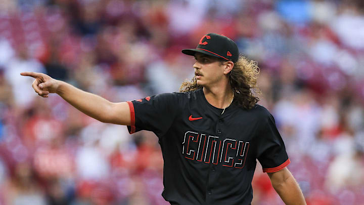 Aug 30, 2024; Cincinnati, Ohio, USA; Cincinnati Reds starting pitcher Rhett Lowder (81) reacts after a play in the third inning against the Milwaukee Brewers at Great American Ball Park. Mandatory Credit: Katie Stratman-Imagn Images