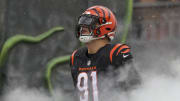 Jan 7, 2024; Cincinnati, Ohio, USA; Cincinnati Bengals defensive end Trey Hendrickson (91) runs onto the field before the game against the Cleveland Browns at Paycor Stadium. Mandatory Credit: Katie Stratman-USA TODAY Sports