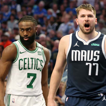 Jun 12, 2024; Dallas, Texas, USA; Dallas Mavericks guard Luka Doncic (77) reacts after a play against the Boston Celtics during the fourth quarter during game three of the 2024 NBA Finals at American Airlines Center. Mandatory Credit: Kevin Jairaj-USA TODAY Sports