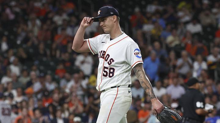 Jun 16, 2026; Houston, Texas, USA; Houston Astros starting pitcher Hunter Brown (58) tips his cap while walking off the field after a pitching change during the sixth inning against the Detroit Tigers at Daikin Park. Mandatory Credit: Troy Taormina-Imagn Images