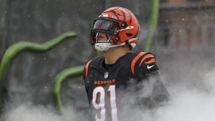 Jan 7, 2024; Cincinnati, Ohio, USA; Cincinnati Bengals defensive end Trey Hendrickson (91) runs onto the field before the game against the Cleveland Browns at Paycor Stadium. Mandatory Credit: Katie Stratman-USA TODAY Sports