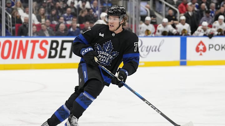 Dec 2, 2024; Toronto, Ontario, CAN; Toronto Maple Leafs forward Nikita Grebenkin (71) skates against the Chicago Blackhawks during the third period at Scotiabank Arena. Mandatory Credit: John E. Sokolowski-Imagn Images