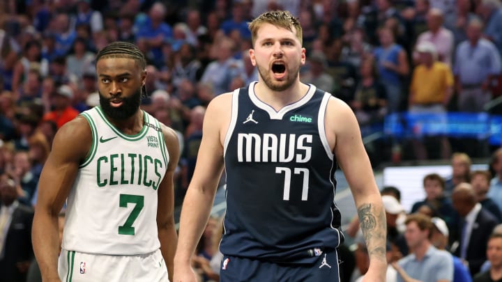Jun 12, 2024; Dallas, Texas, USA; Dallas Mavericks guard Luka Doncic (77) reacts after a play against the Boston Celtics during the fourth quarter during game three of the 2024 NBA Finals at American Airlines Center. Mandatory Credit: Kevin Jairaj-USA TODAY Sports Jun 12, 2024; Dallas, Texas, USA; Dallas Mavericks guard Luka Doncic (77) reacts after a play against the Boston Celtics during the fourth quarter during game three of the 2024 NBA Finals at American Airlines Center. Mandatory Credit: Kevin Jairaj-USA TODAY Sports