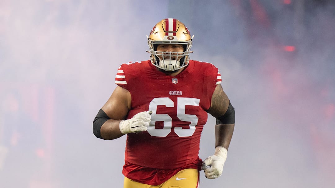 January 20, 2024; Santa Clara, CA, USA; San Francisco 49ers guard Aaron Banks (65) before a 2024 NFC divisional round game against the Green Bay Packers at Levi's Stadium. Mandatory Credit: Kyle Terada-Imagn Images
