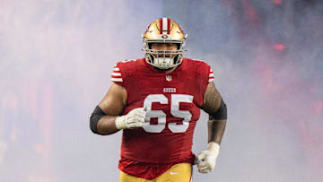 January 20, 2024; Santa Clara, CA, USA; San Francisco 49ers guard Aaron Banks (65) before a 2024 NFC divisional round game against the Green Bay Packers at Levi's Stadium. Mandatory Credit: Kyle Terada-Imagn Images