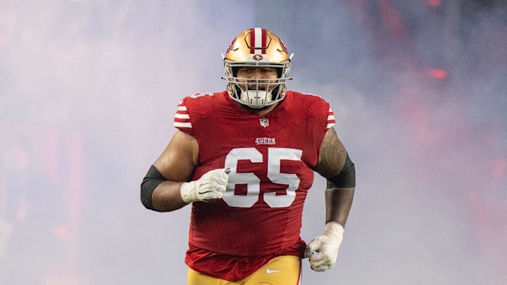 January 20, 2024; Santa Clara, CA, USA; San Francisco 49ers guard Aaron Banks (65) before a 2024 NFC divisional round game against the Green Bay Packers at Levi's Stadium. Mandatory Credit: Kyle Terada-Imagn Images