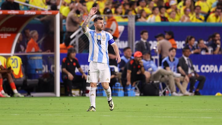 Jul 14, 2024; Miami, FL, USA;  Argentina forward Lionel Messi (10) looks on against Colombia in the second half during the Copa America Final at Hard Rock Stadium. Mandatory Credit: Nathan Ray Seebeck-Imagn Images