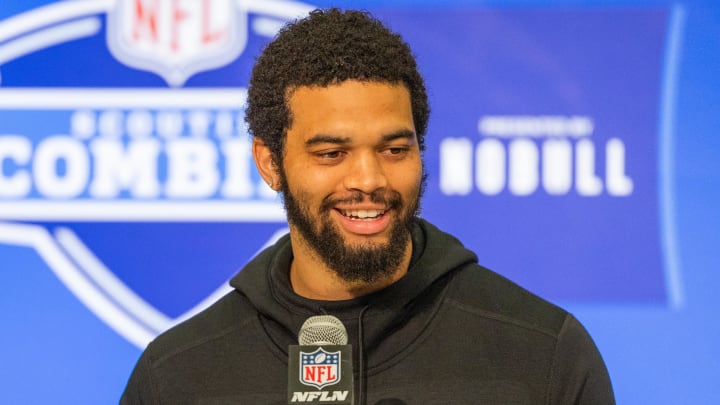 Southern California quarterback Caleb Williams talks to the media during the NFL scouting combine. Southern California quarterback Caleb Williams talks to the media during the NFL scouting combine.