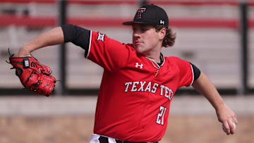 Texas Tech's Mason Molina (21) pitches against Gonzaga in game two of the baseball series, Saturday, Feb. 18, 2023, at Rip Griffin Park at Dan Law Field.