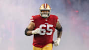 San Francisco 49ers guard Aaron Banks (65) before a 2024 NFC divisional round game against the Green Bay Packers.