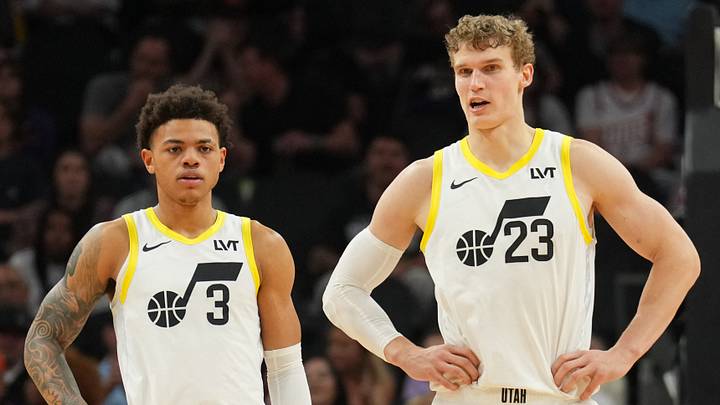 Feb 7, 2025; Phoenix, Arizona, USA; Utah Jazz guard Keyonte George (3) and Utah Jazz forward Lauri Markkanen (23) look on against the Phoenix Suns during the first half at Footprint Center. Mandatory Credit: Joe Camporeale-Imagn Images