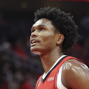 Mar 8, 2025; Houston, Texas, USA;  Houston Rockets forward Amen Thompson (1) walks off the court after suffering an apparent injury during the fourth quarter against the New Orleans Pelicans at Toyota Center. Mandatory Credit: Troy Taormina-Imagn Images