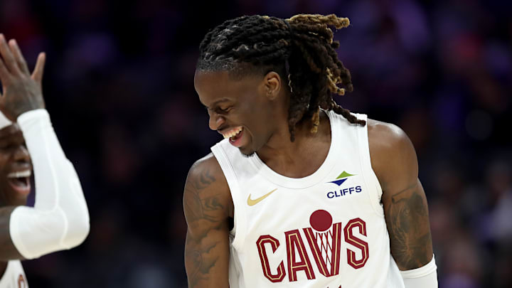 Feb 7, 2026; Sacramento, California, USA; Cleveland Cavaliers guard Dennis Schroder (8) and Cleveland Cavaliers guard Keon Ellis (14) react after scoring a basket against the Sacramento Kings during the second quarter at Golden 1 Center. Mandatory Credit: Dennis Lee-Imagn Images