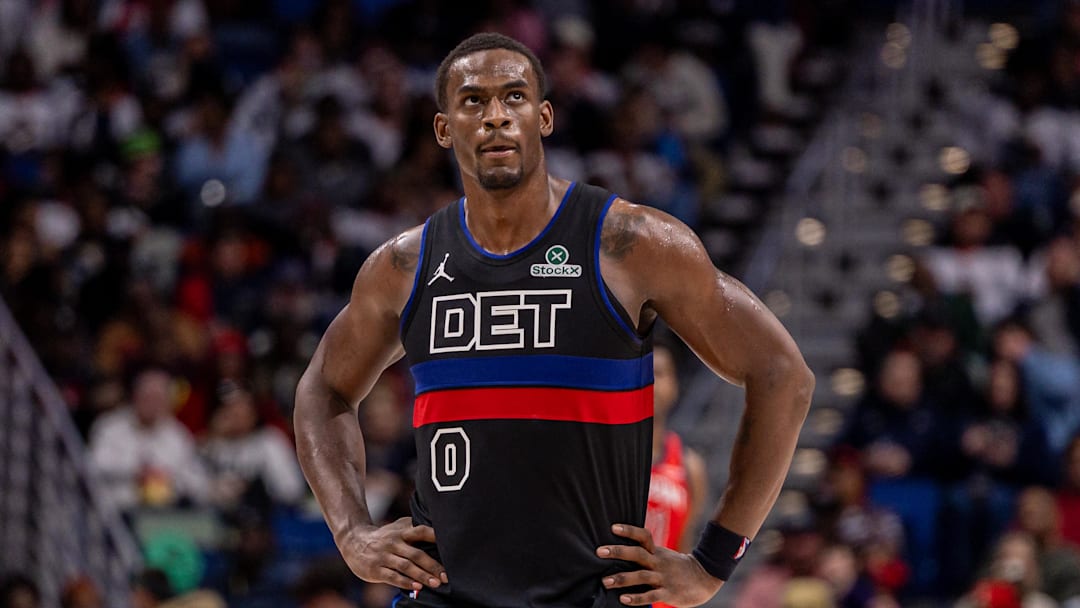 Jan 21, 2026; New Orleans, Louisiana, USA;  Detroit Pistons center Jalen Duren (0) reacts to a play against the New Orleans Pelicans during the second half at Smoothie King Center. Mandatory Credit: Stephen Lew-Imagn Images