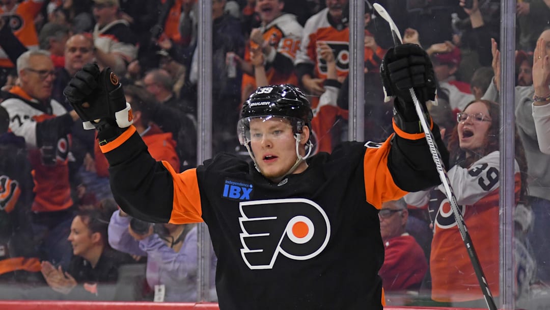 Mar 27, 2025; Philadelphia, Pennsylvania, USA; Philadelphia Flyers right wing Matvei Michkov (39) celebrates his goal against the Montreal Canadiens during the third period at Wells Fargo Center.