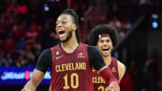 Jan 16, 2023; Cleveland, Ohio, USA; Cleveland Cavaliers guard Darius Garland (10) and center Jarrett Allen (31) react after a basket during the second half against the New Orleans Pelicans at Rocket Mortgage FieldHouse.