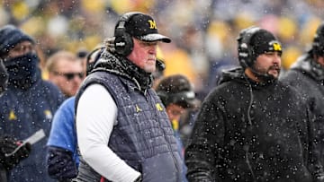 Michigan defensive coordinator Wink Martindale watches a play against Ohio State during the second half at Michigan Stadium in Ann Arbor on Saturday, Nov. 29, 2025.
