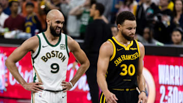 Dec 19, 2023; San Francisco, California, USA; Boston Celtics guard Derrick White (9) and Golden State Warriors guard Stephen Curry (30) on the court during the overtime period at Chase Center. Mandatory Credit: John Hefti-Imagn Images