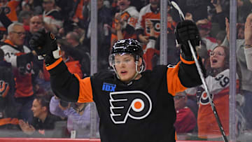 Mar 27, 2025; Philadelphia, Pennsylvania, USA; Philadelphia Flyers right wing Matvei Michkov (39) celebrates his goal against the Montreal Canadiens during the third period at Wells Fargo Center.