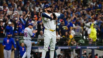 Oct 3, 2024; Milwaukee, Wisconsin, USA; Milwaukee Brewers pitcher Devin Williams (38) reacts in the ninth inning against the New York Mets during game three of the Wildcard round for the 2024 MLB Playoffs at American Family Field. Mandatory Credit: Benny Sieu-Imagn Images