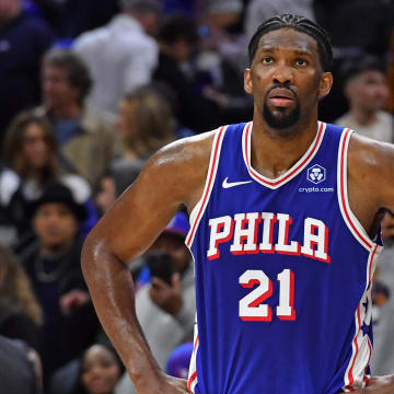 Apr 2, 2024; Philadelphia, Pennsylvania, USA; Philadelphia 76ers center Joel Embiid (21) against the Oklahoma City Thunder at Wells Fargo Center. Mandatory Credit: Eric Hartline-USA TODAY Sports