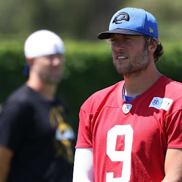 Jul 31, 2024; Los Angeles, CA, USA;  Los Angeles Rams quarterback Matthew Stafford (9) looks on during training camp at Loyola Marymount University. Mandatory Credit: Kiyoshi Mio-Imagn Images