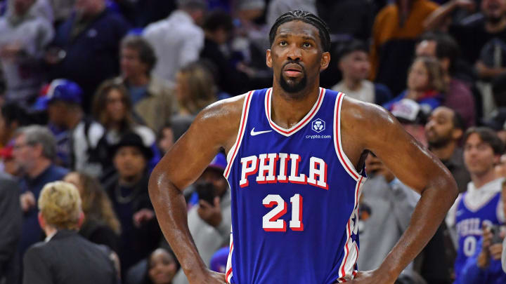 Apr 2, 2024; Philadelphia, Pennsylvania, USA; Philadelphia 76ers center Joel Embiid (21) against the Oklahoma City Thunder at Wells Fargo Center. Mandatory Credit: Eric Hartline-USA TODAY Sports