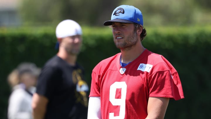 Jul 31, 2024; Los Angeles, CA, USA;  Los Angeles Rams quarterback Matthew Stafford (9) looks on during training camp at Loyola Marymount University. Mandatory Credit: Kiyoshi Mio-USA TODAY Sports