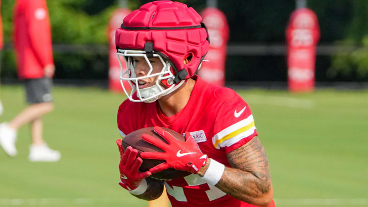 Jul 22, 2024; St. Joseph, MO, USA; Kansas City Chiefs wide receiver Skyy Moore (24) catches a pass during training camp at Missouri Western State University. Mandatory Credit: Denny Medley-USA TODAY Sports