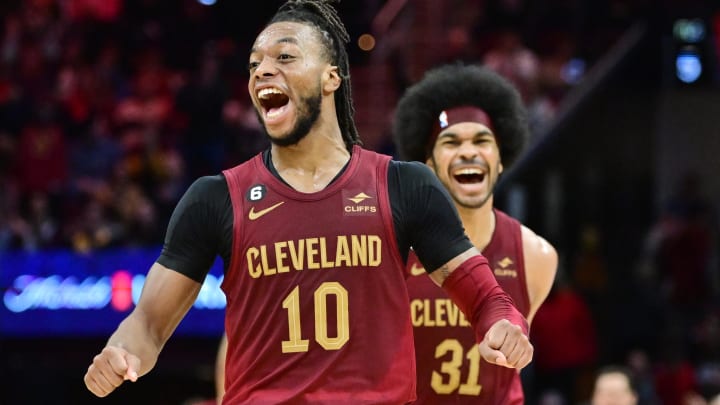 Jan 16, 2023; Cleveland, Ohio, USA; Cleveland Cavaliers guard Darius Garland (10) and center Jarrett Allen (31) react after a basket during the second half against the New Orleans Pelicans at Rocket Mortgage FieldHouse. Mandatory Credit: Ken Blaze-USA TODAY Sports