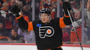 Mar 27, 2025; Philadelphia, Pennsylvania, USA; Philadelphia Flyers right wing Matvei Michkov (39) celebrates his goal against the Montreal Canadiens during the third period at Wells Fargo Center. Mandatory Credit: Eric Hartline-Imagn Images