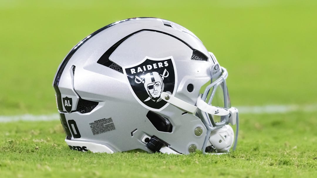 Aug 23, 2025; Glendale, Arizona, USA; Detailed view of a Las Vegas Raiders helmet during a preseason NFL game at State Farm Stadium. Mandatory Credit: Mark J. Rebilas-Imagn Images