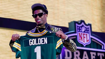 Wide receiver Matthew Golden holds a Green Bay Packers jersey after being selected with the 23rd pick during the first round of the 2025 NFL Draft on Thursday, April 24, 2025, at Lambeau Field in Green Bay, Wisconsin. The draft runs through April 26.
Tork Mason/USA TODAY NETWORK-Wisconsin