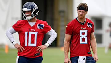 Tennessee Titans quarterbacks Brandon Allen and Will Levis run their drills during an NFL football minicamp camp practice