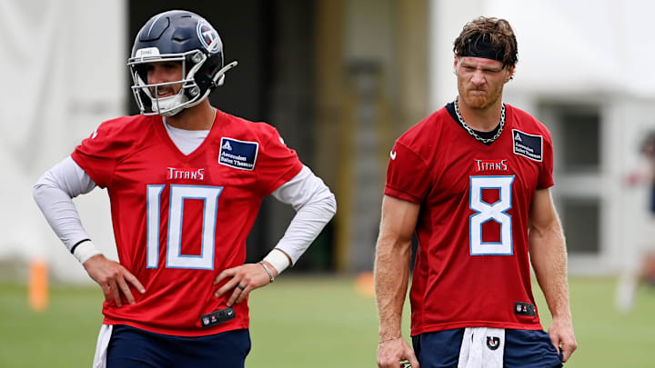 Tennessee Titans quarterbacks Brandon Allen and Will Levis run their drills during an NFL football minicamp camp practice Tennessee Titans quarterbacks Brandon Allen and Will Levis run their drills during an NFL football minicamp camp practice