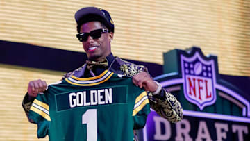 Wide receiver Matthew Golden holds a Green Bay Packers jersey after being selected with the 23rd pick during the first round of the 2025 NFL Draft on Thursday, April 24, 2025, at Lambeau Field in Green Bay, Wisconsin. The draft runs through April 26.
Tork Mason/USA TODAY NETWORK-Wisconsin