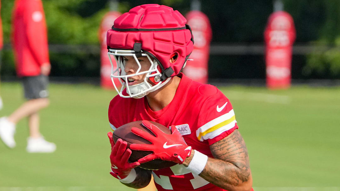 Jul 22, 2024; St. Joseph, MO, USA; Kansas City Chiefs wide receiver Skyy Moore (24) catches a pass during training camp at Missouri Western State University. Mandatory Credit: Denny Medley-Imagn Images