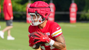 Jul 22, 2024; St. Joseph, MO, USA; Kansas City Chiefs wide receiver Skyy Moore (24) catches a pass during training camp at Missouri Western State University. Mandatory Credit: Denny Medley-Imagn Images
