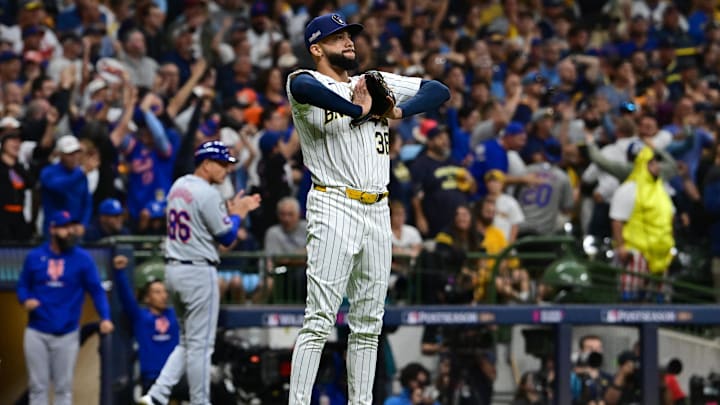 Milwaukee Brewers pitcher Devin Williams reacts in the ninth inning after surrendering a home run to Pete Alonso against the New York Mets during game three of the wild card round for the 2024 MLB Playoffs at American Family Field on Thursday. 