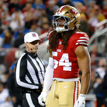 Dec 30, 2024; Santa Clara, California, USA; San Francisco 49ers linebacker Fred Warner (54) during the game against the Detroit Lions at Levi's Stadium. Mandatory Credit: Sergio Estrada-Imagn Images