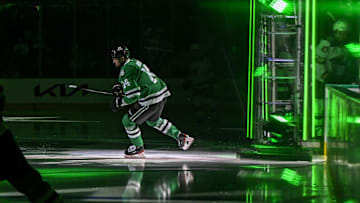 Sep 23, 2025; Dallas, Texas, USA; Dallas Stars left wing Jamie Benn (14) takes the ice before the game between the Stars and the Minnesota Wild at American Airlines Center. Mandatory Credit: Jerome Miron-Imagn Images