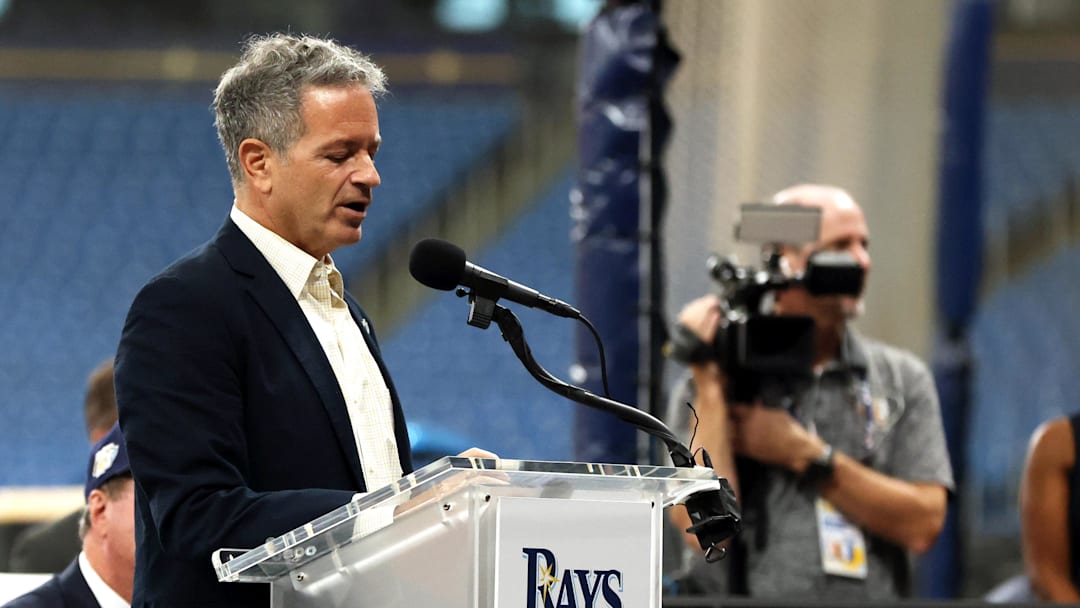 Tampa Bay Rays principal owner Stu Sternberg talks with media as the Tampa Bay Rays announced today that a historic agreement has been reached with the City of St. Petersburg and Pinellas County to move forward with a new state-of-the-art ballpark at Tropicana Field. in 2023. Tampa Bay Rays principal owner Stu Sternberg talks with media as the Tampa Bay Rays announced today that a historic agreement has been reached with the City of St. Petersburg and Pinellas County to move forward with a new state-of-the-art ballpark at Tropicana Field. in 2023.