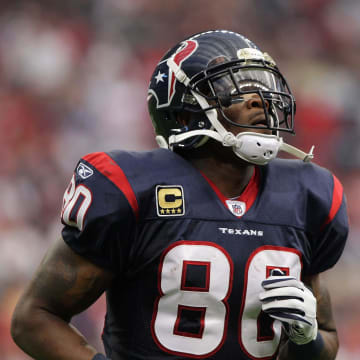 Jan 07, 2012; Houston, TX, USA; Houston Texans wide receiver Andre Johnson (80) runs off the field during the second quarter of the 2011 AFC wild card playoff game against the Cincinnati Bengals at Reliant Stadium. Mandatory Credit: Troy Taormina-USA TODAY Sports