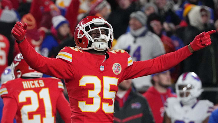 Jan 26, 2025; Kansas City, MO, USA; Kansas City Chiefs cornerback Jaylen Watson (35) reacts against the Buffalo Bills in the second half for the AFC Championship game at GEHA Field at Arrowhead Stadium. Mandatory Credit: Denny Medley-Imagn Images