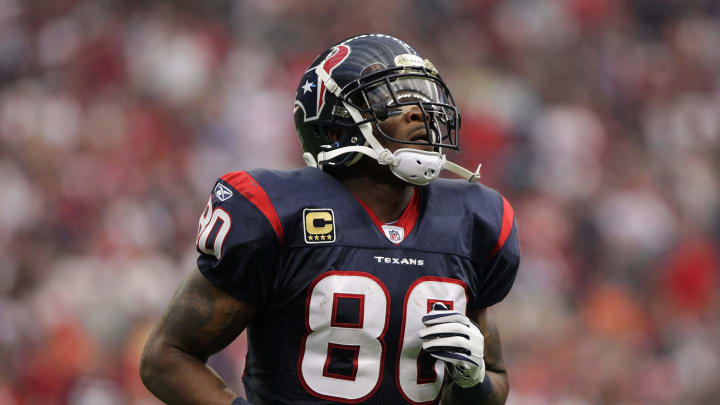 Jan 07, 2012; Houston, TX, USA; Houston Texans wide receiver Andre Johnson (80) runs off the field during the second quarter of the 2011 AFC wild card playoff game against the Cincinnati Bengals at Reliant Stadium. Mandatory Credit: Troy Taormina-USA TODAY Sports