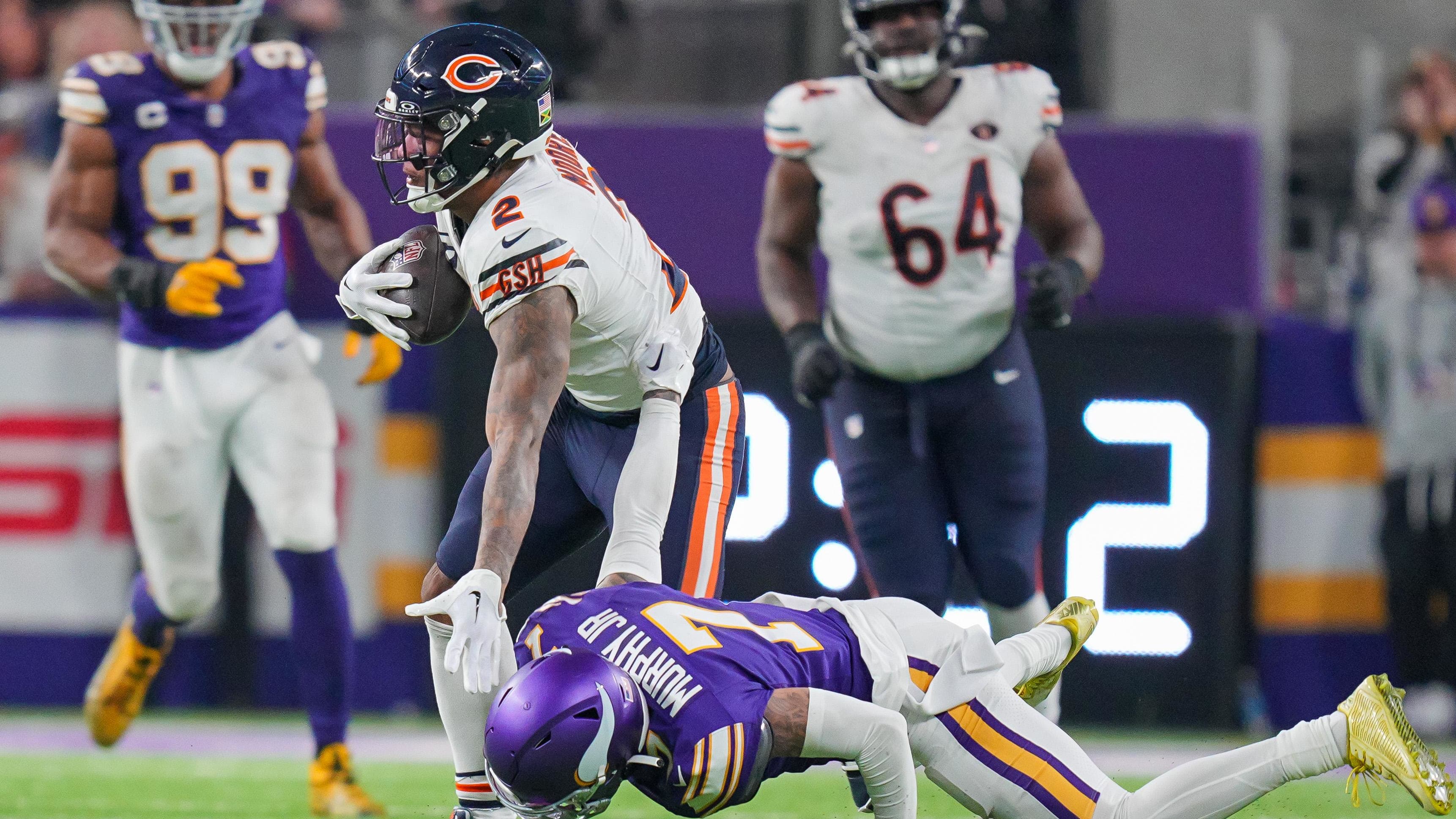 DJ Moore hauls in a catch against Minnesota. Bears offensive firepower should attract network interest on the NFL schedule.