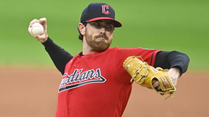 Sep 27, 2023; Cleveland, Ohio, USA; Cleveland Guardians starting pitcher Shane Bieber (57) delivers a pitch in the first inning against the Cincinnati Reds at Progressive Field.