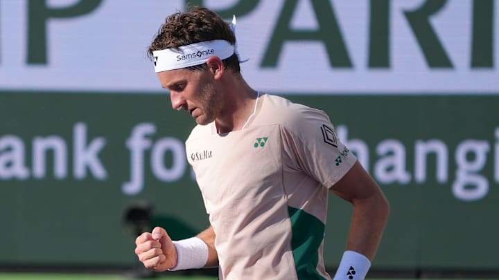 Casper Ruud celebrates a winning shot during his match against Marcos Giron in Round 2 of the BNP Paribas Open in Indian Wells, Calif., March 7, 2025.